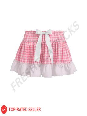 Unisex Polyester Gingham Pleated Mini Skirt Ruffle Lace A-Line Costume